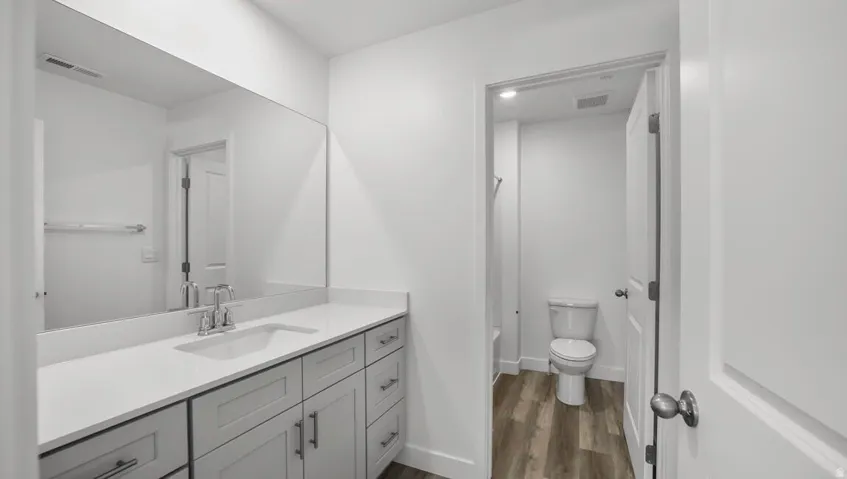 Vanity with a single undermount sink, dual handle faucet, and stone-finish countertop