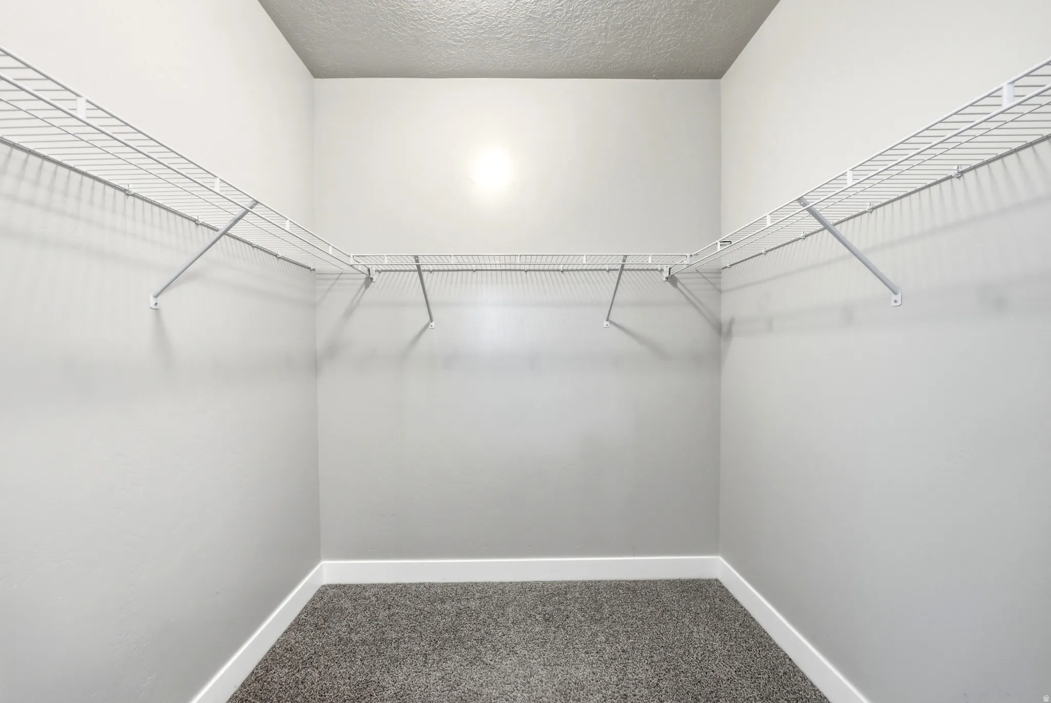 Spacious walk-in closet featuring dual wire shelving systems, carpet flooring, and bright overhead lighting