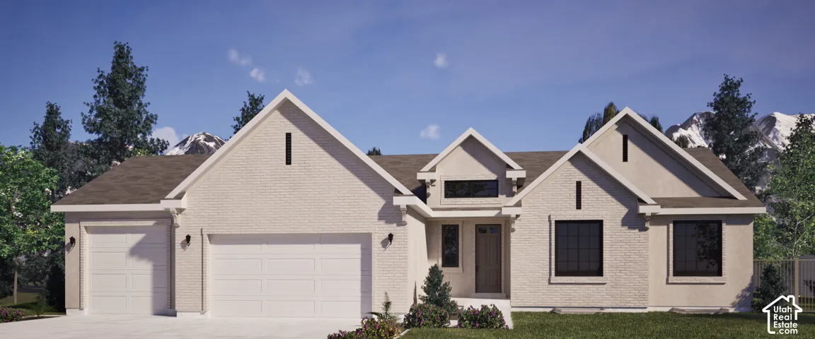 Contemporary exterior with a light stucco finish, multiple gables, a two-car garage, and dark-trimmed windows