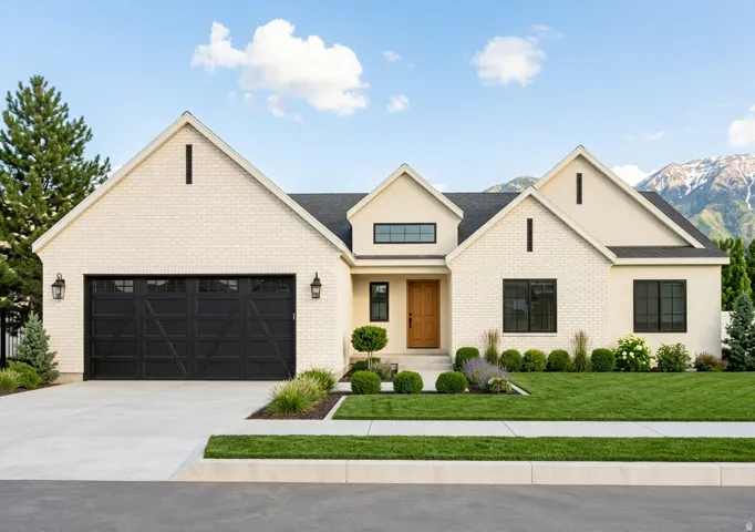 Cream brick and stucco exterior, black windows and garage door, wood-finish front door, concrete driveway, and landscaped front yard