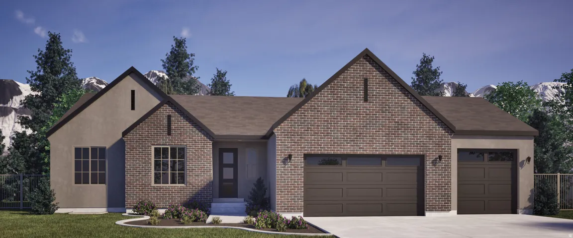 Brick and stucco exterior with multiple gables