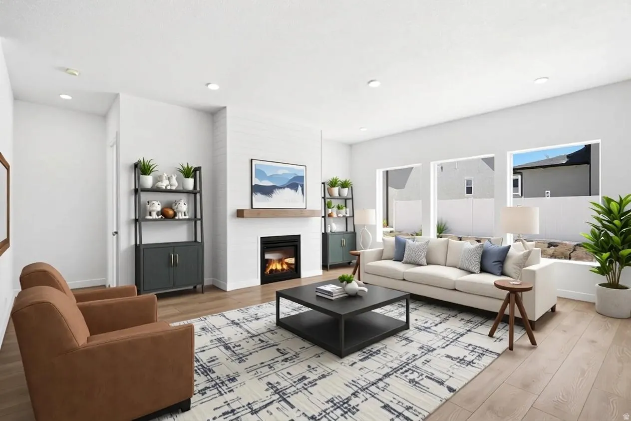 Living area featuring wood-finish flooring, a built-in fireplace with a wood mantle, recessed lighting, and multiple windows