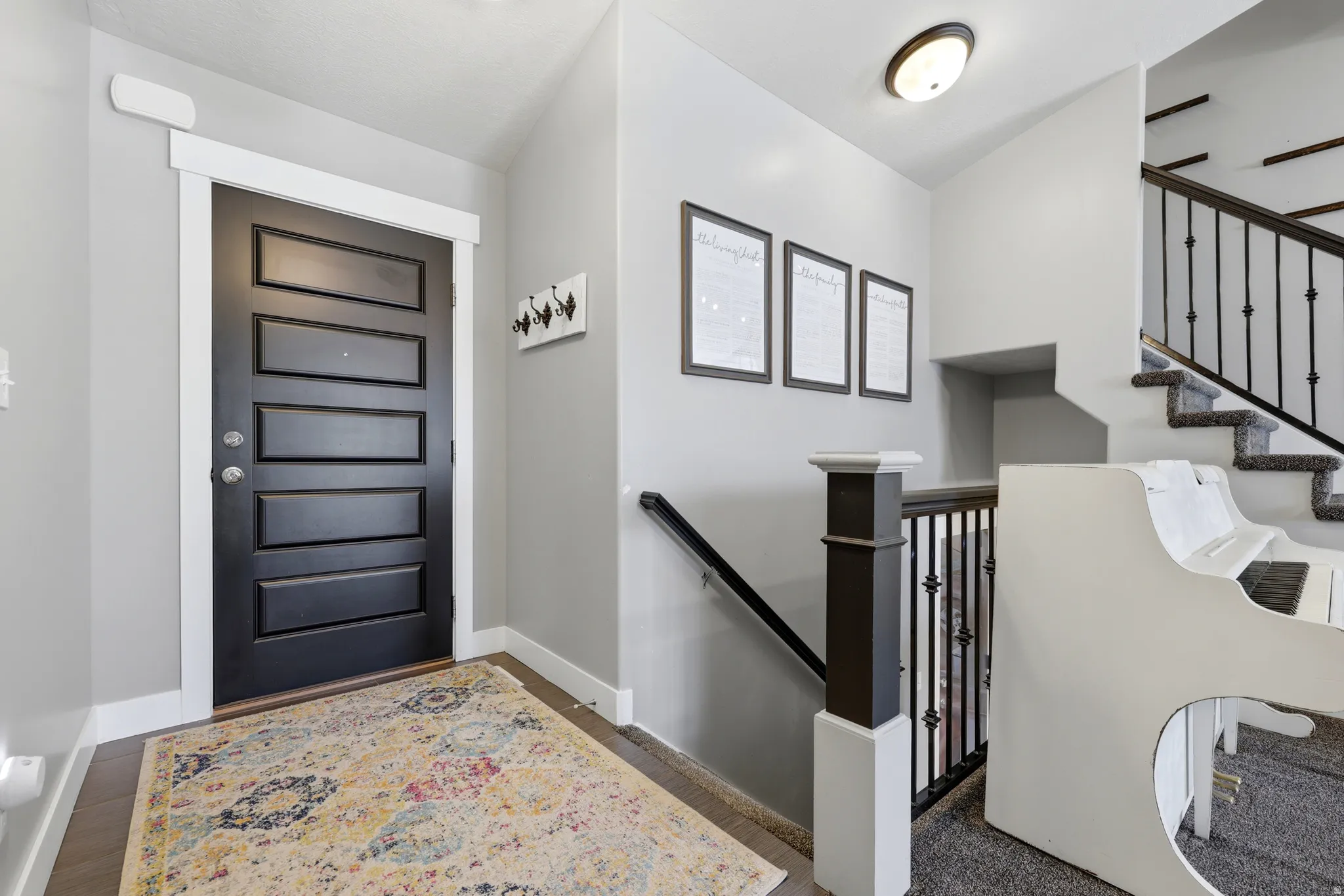 Entryway featuring a five-panel dark entry door with white trim, wood-finish flooring, and a flush-mount ceiling light fixture