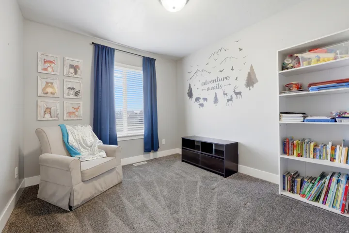 Plush carpeting, built-in shelving, and natural light from a window with blinds