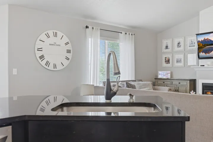 Black countertop with an integrated stainless steel sink and a gooseneck faucet