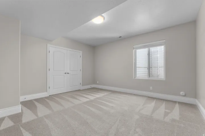 Recessed window, double-door entry, overhead lighting, carpet flooring, and white trim