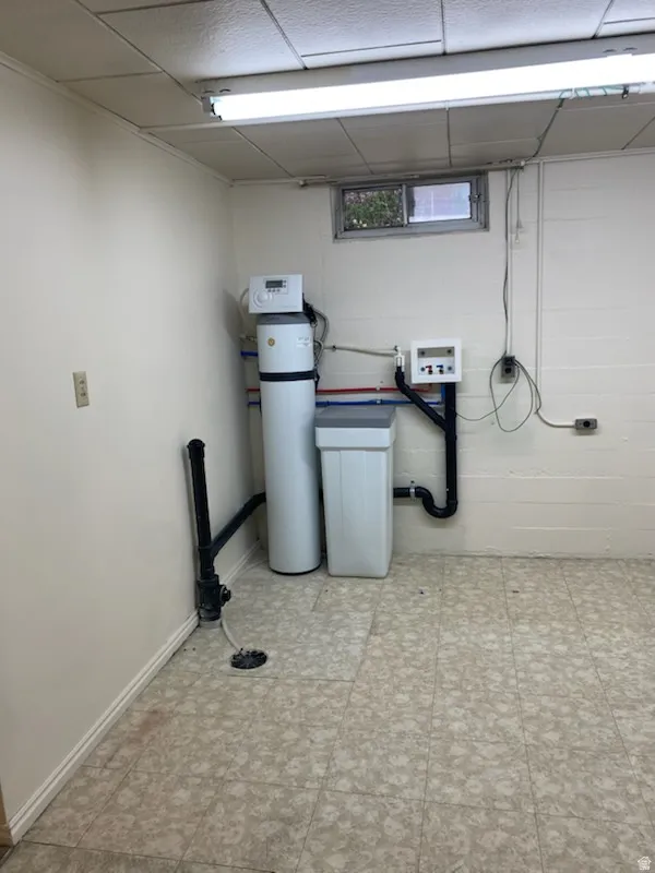Water filtration system, floor drain, utility sink connection, window, and fluorescent lighting fixture