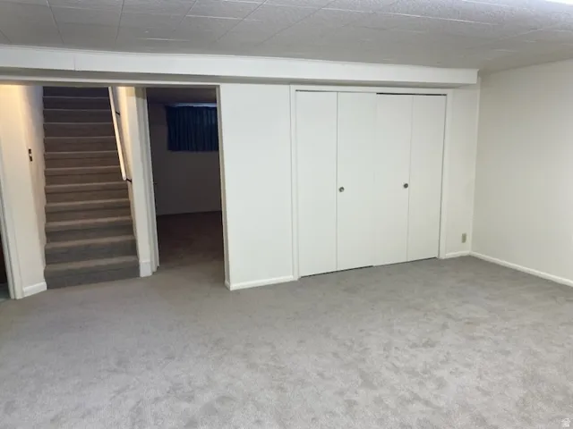 Carpeted flooring, white walls, and a dropped ceiling.  Family room has a closet and plenty of room for all your needs.