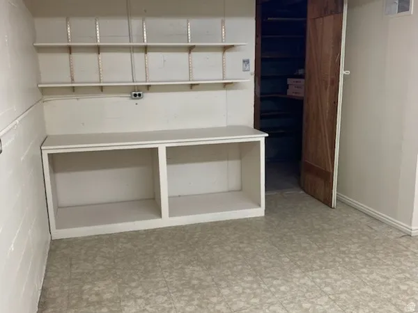 Built-in shelving with adjustable brackets, integrated lower cabinetry, wood-panel door, and resilient sheet flooring