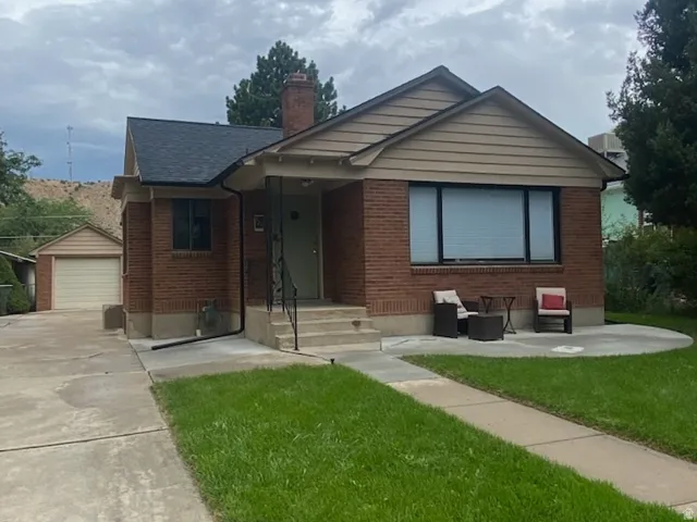 Brick exterior with a gabled roofline