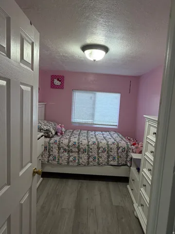 Recessed ceiling light fixture, window with horizontal blinds, wood-finish flooring, and a white paneled door