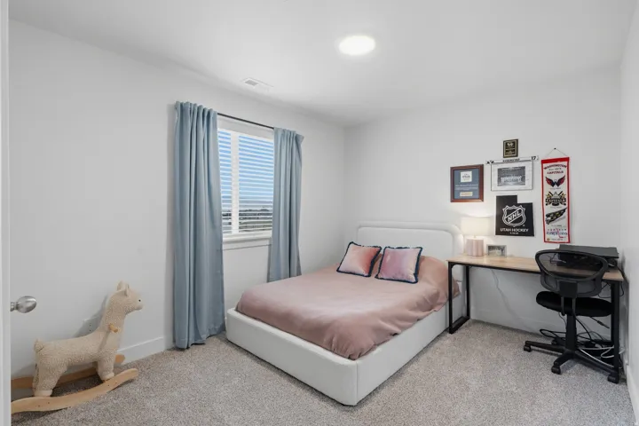 White walls, carpet flooring, a window with horizontal blinds and curtains, and a ceiling light fixture