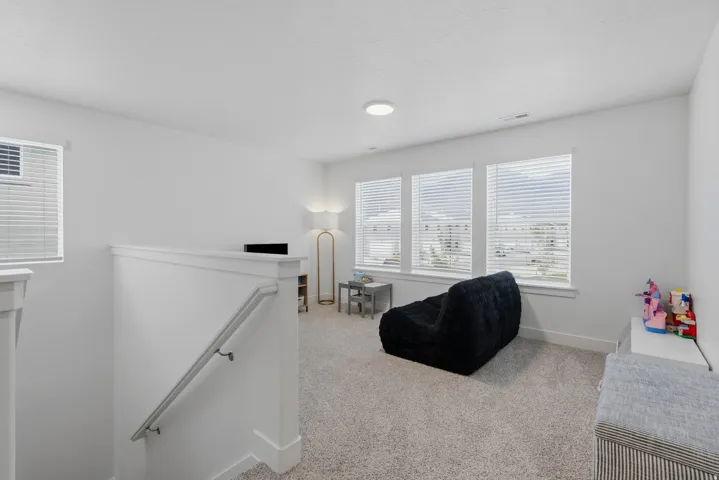 White painted walls, light-toned carpeting, and multiple windows with blinds