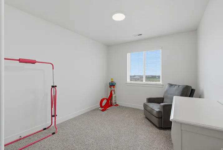 Carpeted room with a large window, white walls, and a ceiling light fixture