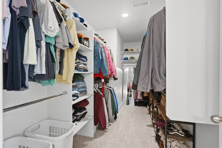 Walk-in closet with carpet flooring, built-in shelving, and hanging rods