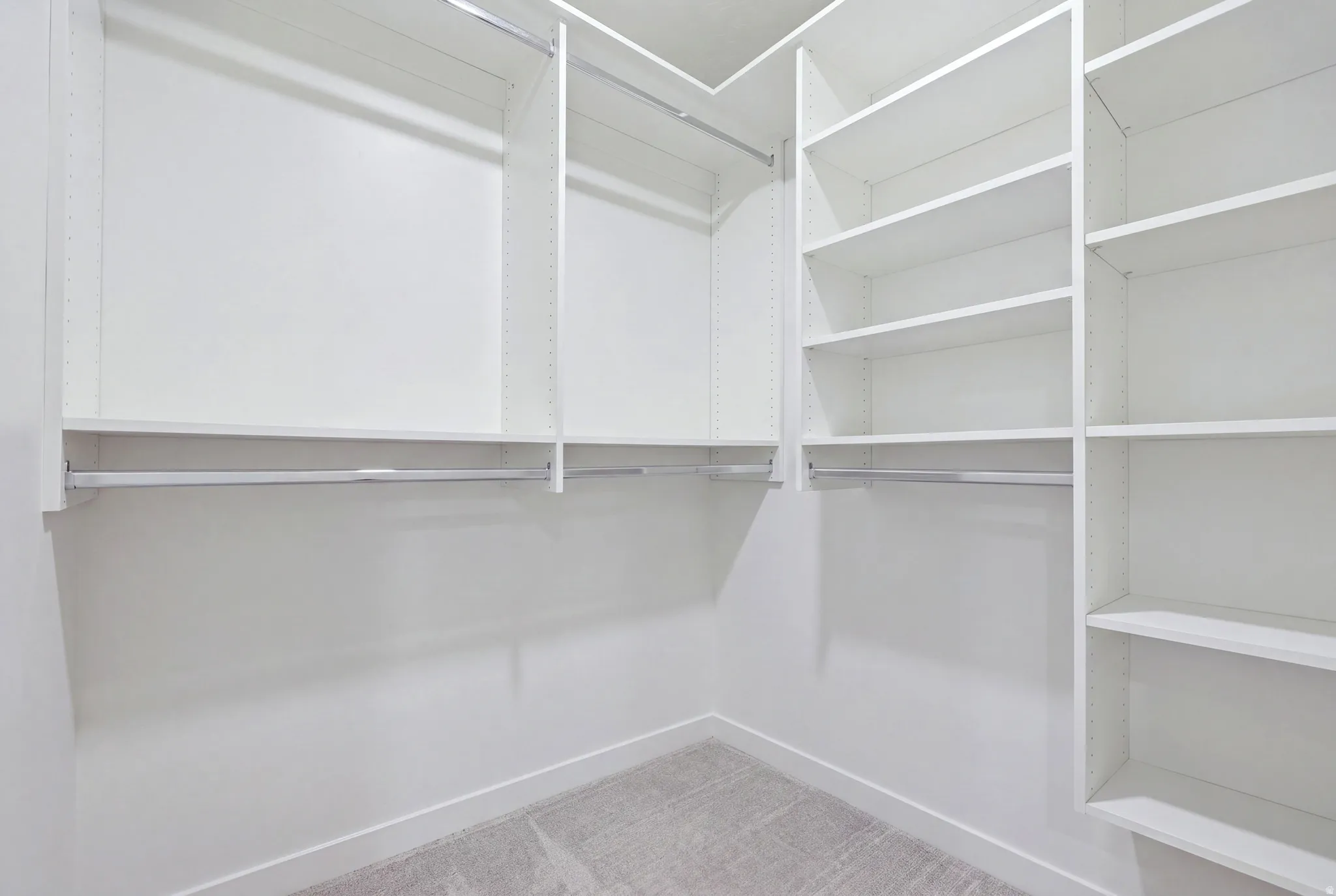 Spacious walk-in closet featuring white custom shelving with multiple storage levels, polished metal rods for hanging space, and soft-finish flooring throughout