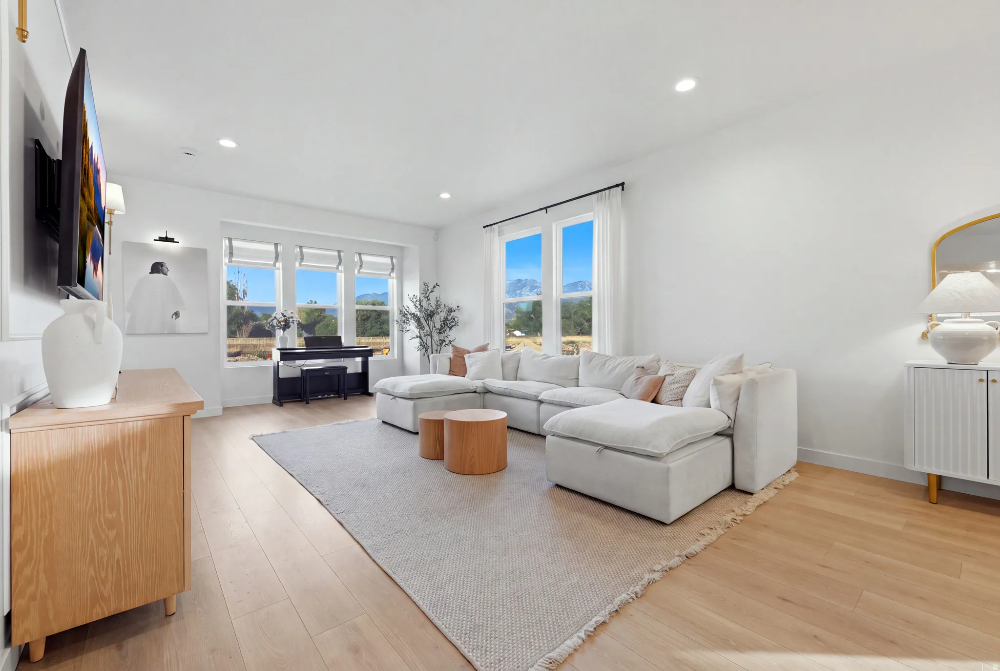 Recessed lighting, wood-finish flooring, white walls, multiple windows with roller shades, and a ceiling-mounted television bracket