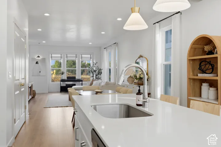 Contemporary kitchen island with an undermount sink and gooseneck faucet
