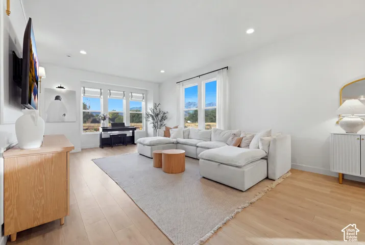 Recessed lighting, wood-finish flooring, white walls, multiple windows with roller shades, and a ceiling-mounted television bracket