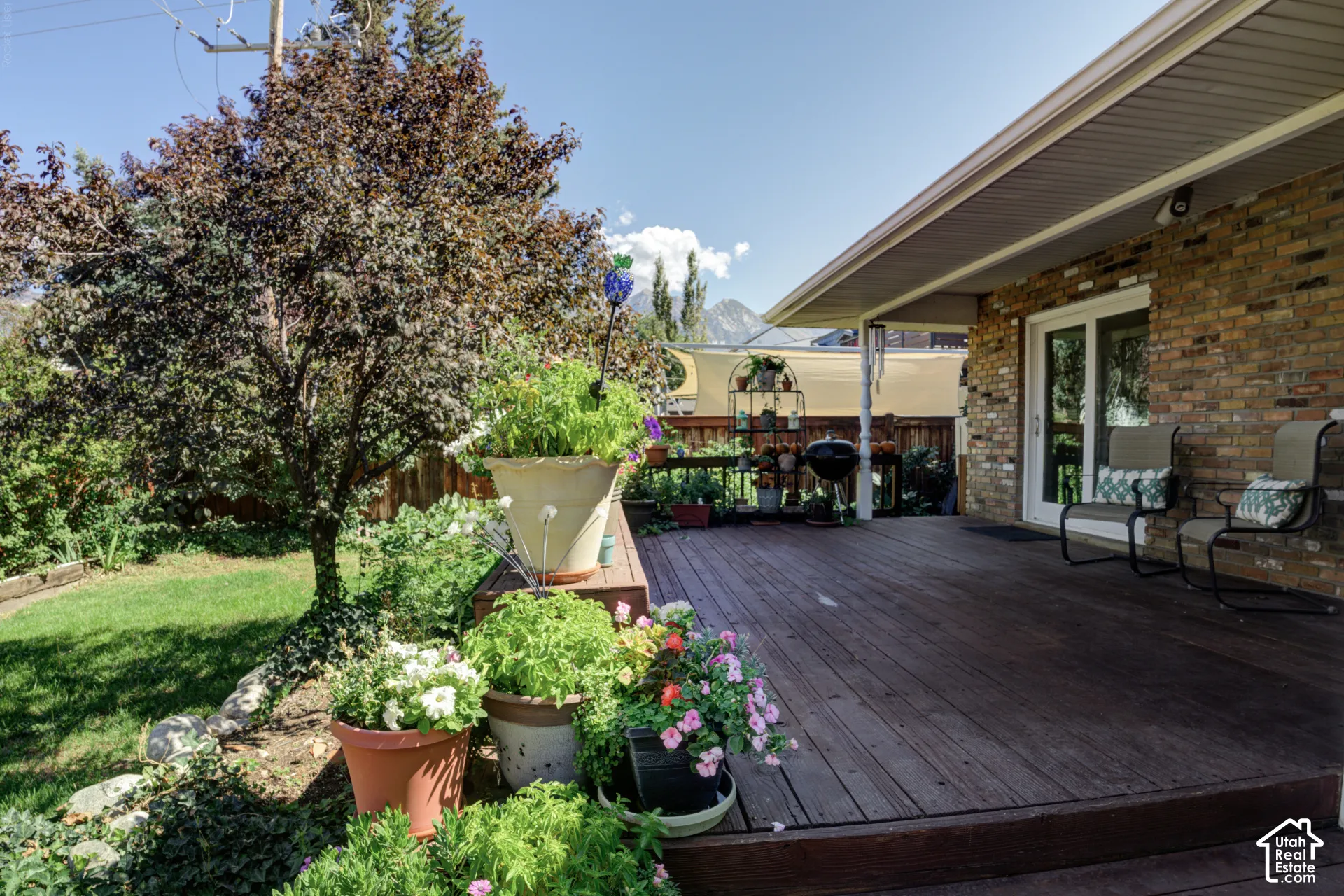 Expansive wood-finish deck with direct access to interior via a glass-paneled door, bordered by a well-maintained lawn and mature landscaping