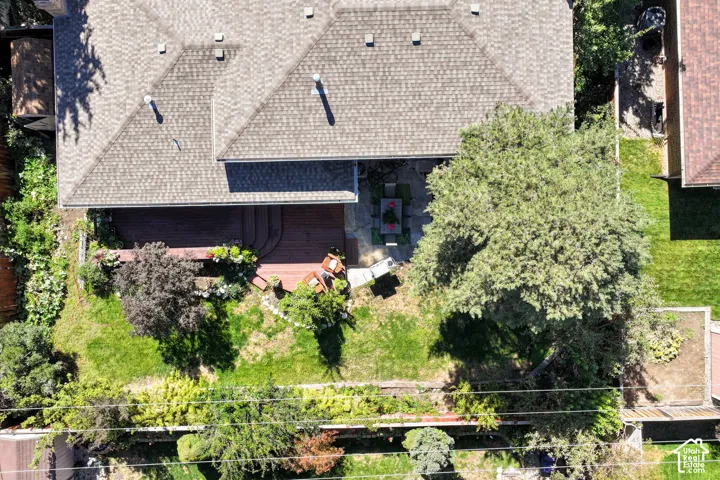 Arial yard view displaying the balanced mix of sunny and shade areas, patio/deck and green spae.