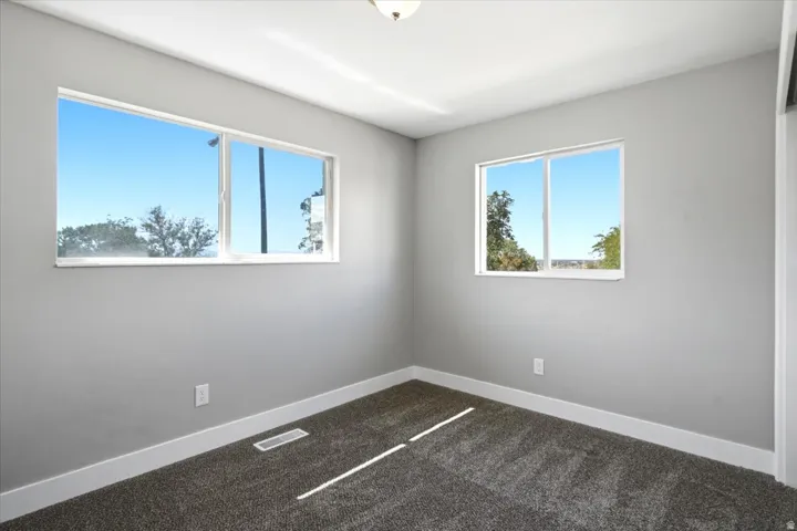 Neutral wall paint with two windows providing natural light, textured carpet, and white trim