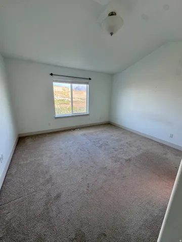 Window with exterior scenery, overhead light fixture, light-colored walls, and carpeting