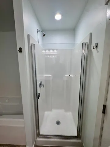 Walk-in shower with clear glass enclosure and chrome hardware