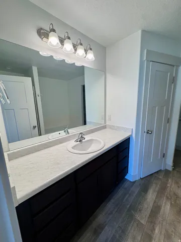 Vanity with a single basin, dark wood-finish cabinetry, light-toned countertop, and wood-finish flooring
