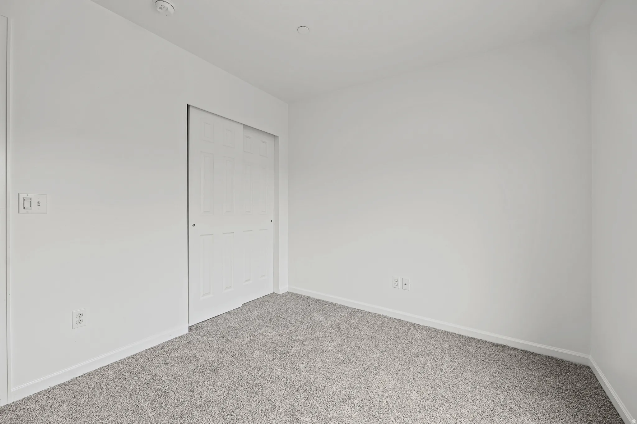 Carpeted flooring, white walls, and a white sliding closet door