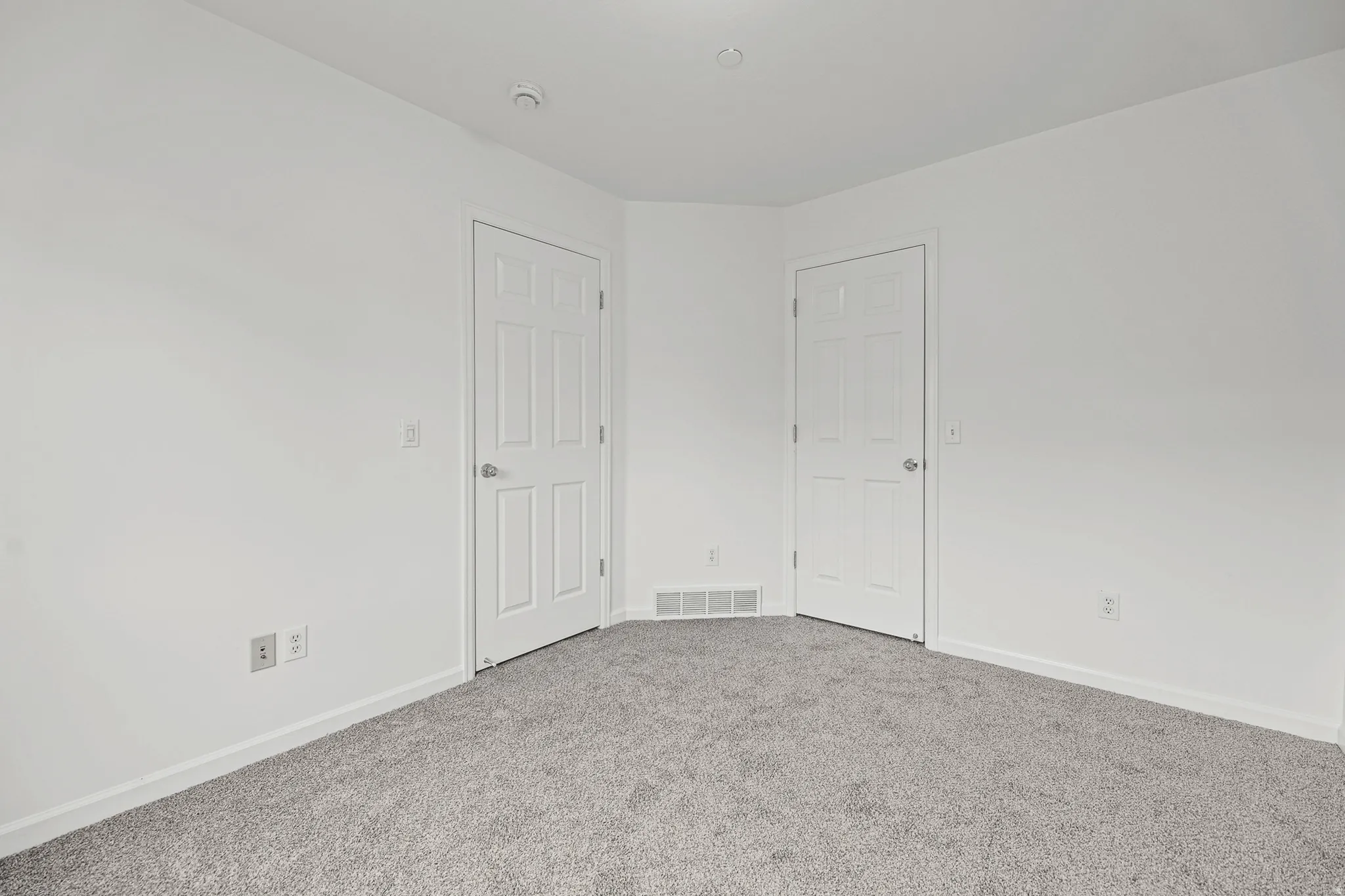 Neutral tone wall paint, carpeted flooring, and two paneled doors