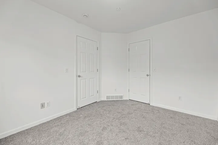 Neutral tone wall paint, carpeted flooring, and two paneled doors