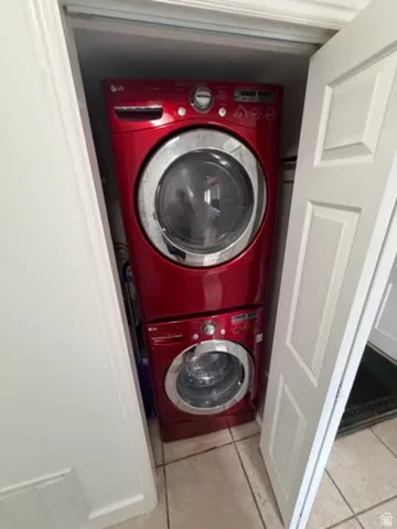 Red stacked laundry appliances