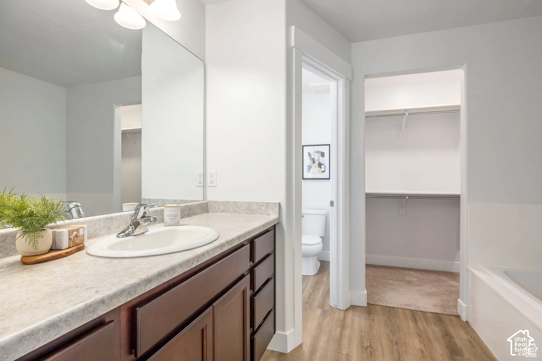 Wood-finish flooring, single vanity with an integrated sink and chrome faucet, large vanity mirror, walk-in closet, and a white soaking tub