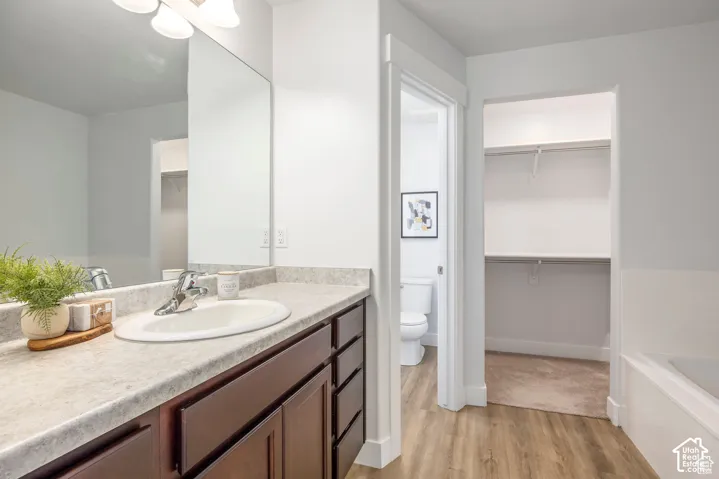Wood-finish flooring, single vanity with an integrated sink and chrome faucet, large vanity mirror, walk-in closet, and a white soaking tub