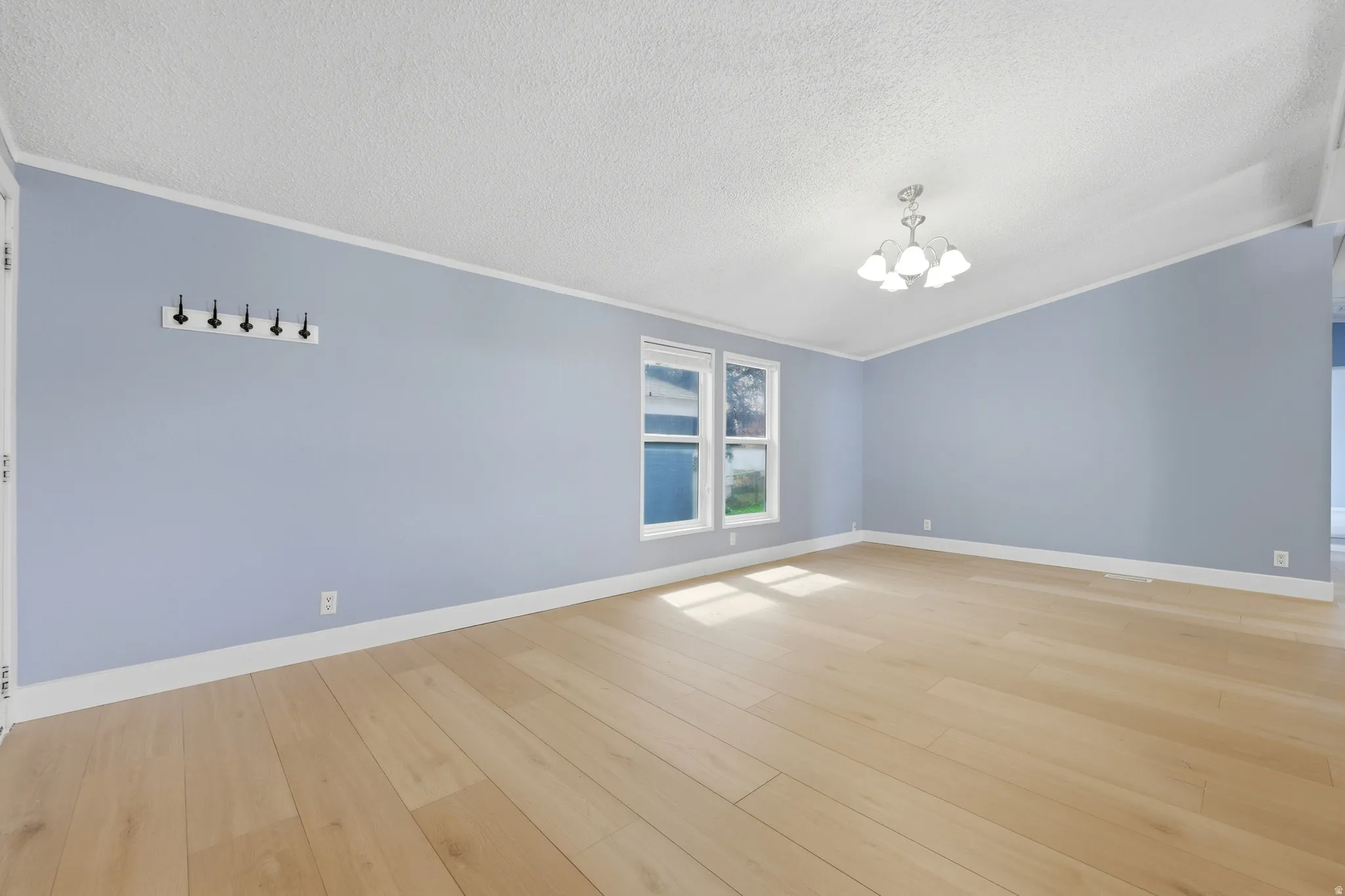 Wood-finish flooring with light-toned walls, white trim, and a ceiling-mounted light fixture