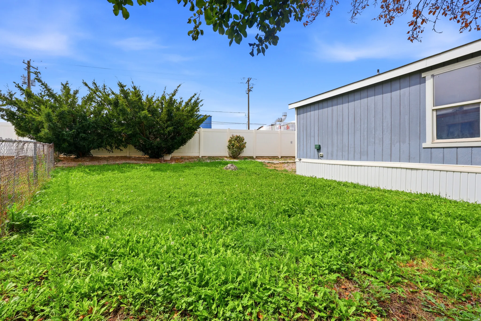 Expansive green yard with perimeter fencing and established shrubbery