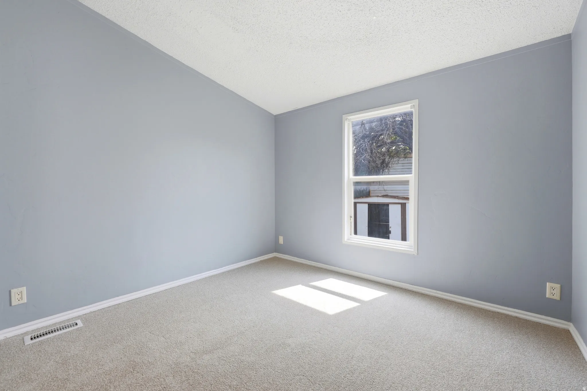 Carpeted flooring, single-hung window, and light blue wall finish