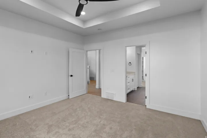 Recessed lighting, ceiling fan, tray ceiling, carpet flooring, flat panel interior doors