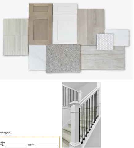 Interior Selection Document. Presenting material and finish options for the property's interior, along with a visual representation of a staircase component