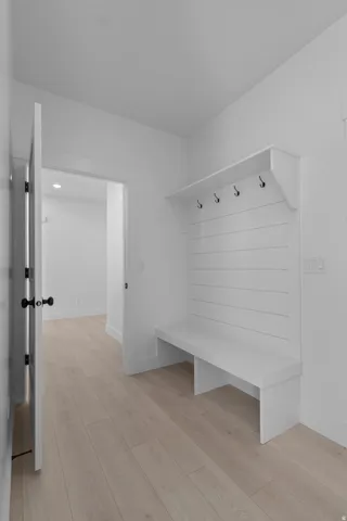 Built-in entryway bench with shiplap backing and coat hooks, featuring light wood-finish flooring