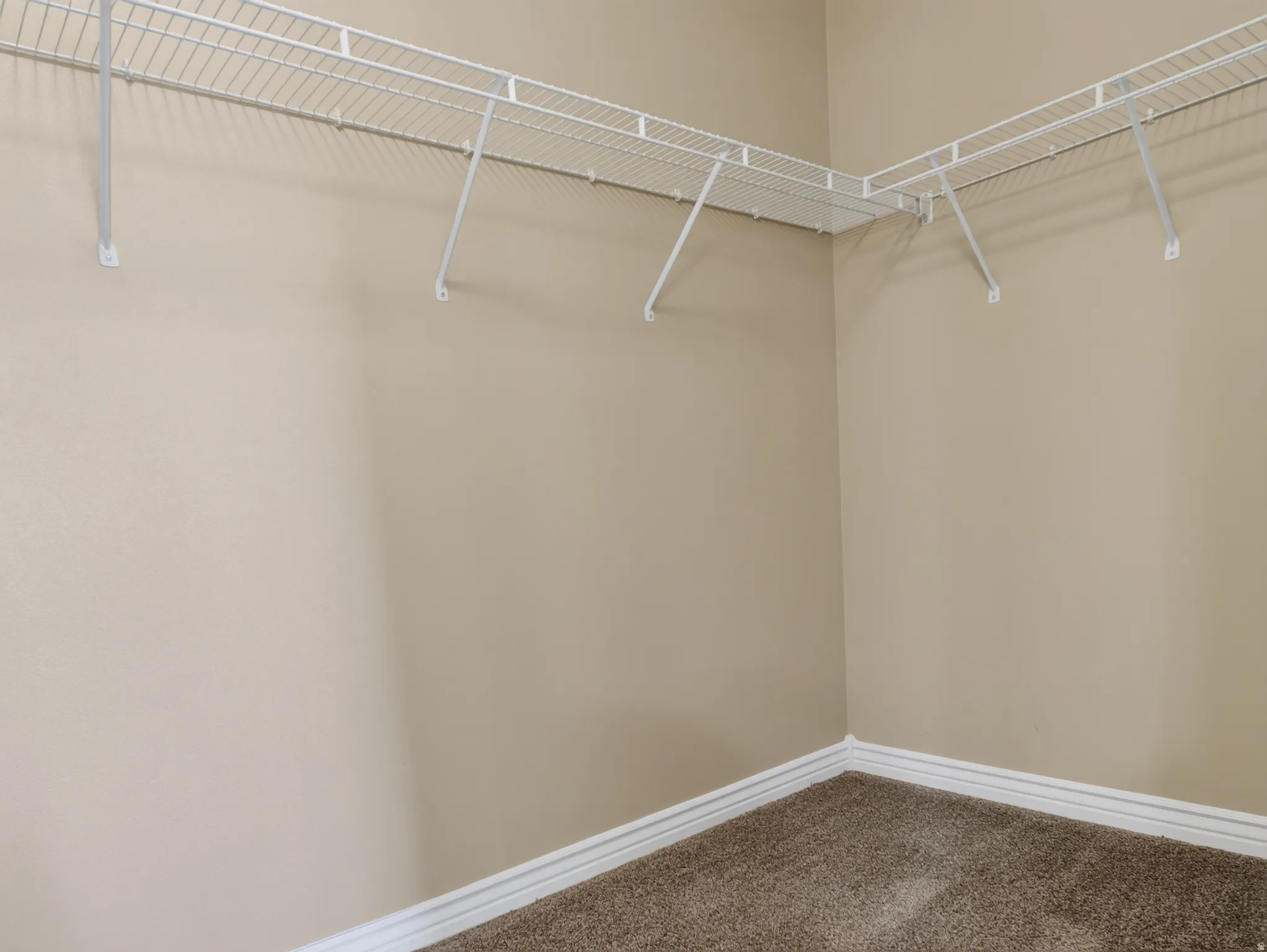 Built-in wire shelving system, corner configuration, neutral wall paint, and textured carpet flooring