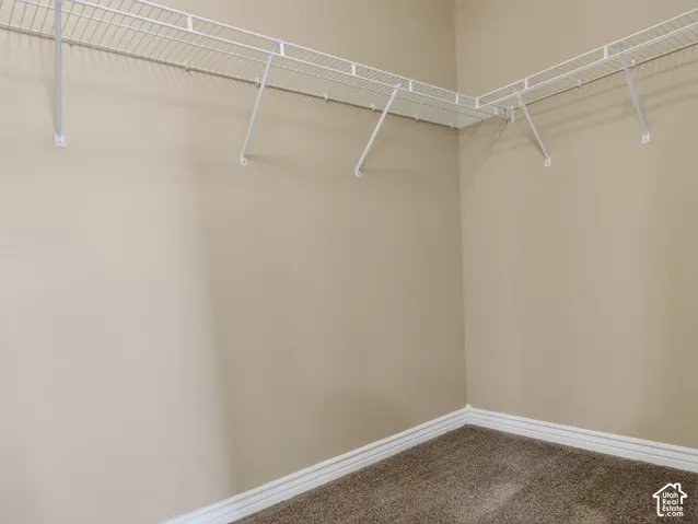 Built-in wire shelving system, corner configuration, neutral wall paint, and textured carpet flooring