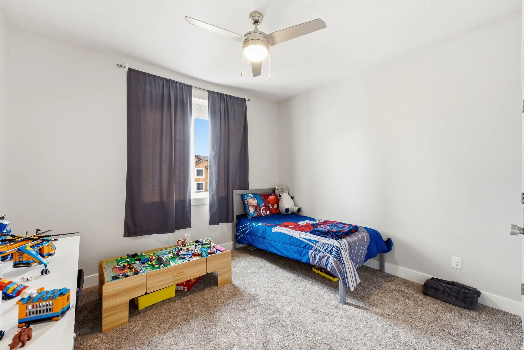 Wall-to-wall carpeting with a neutral finish