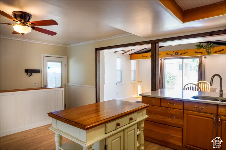 Kitchen with wood-finish flooring, built-in cabinetry, and a ceiling fan