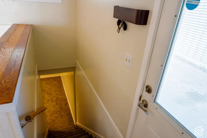 Wood-finish handrail, carpeted staircase, and an exterior door with integrated blinds