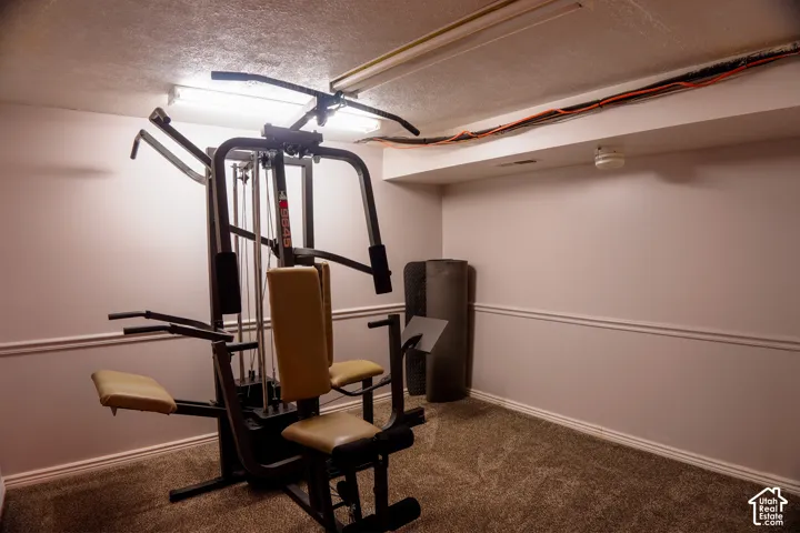 Carpeted room with white walls, chair rail molding, and overhead fluorescent lighting