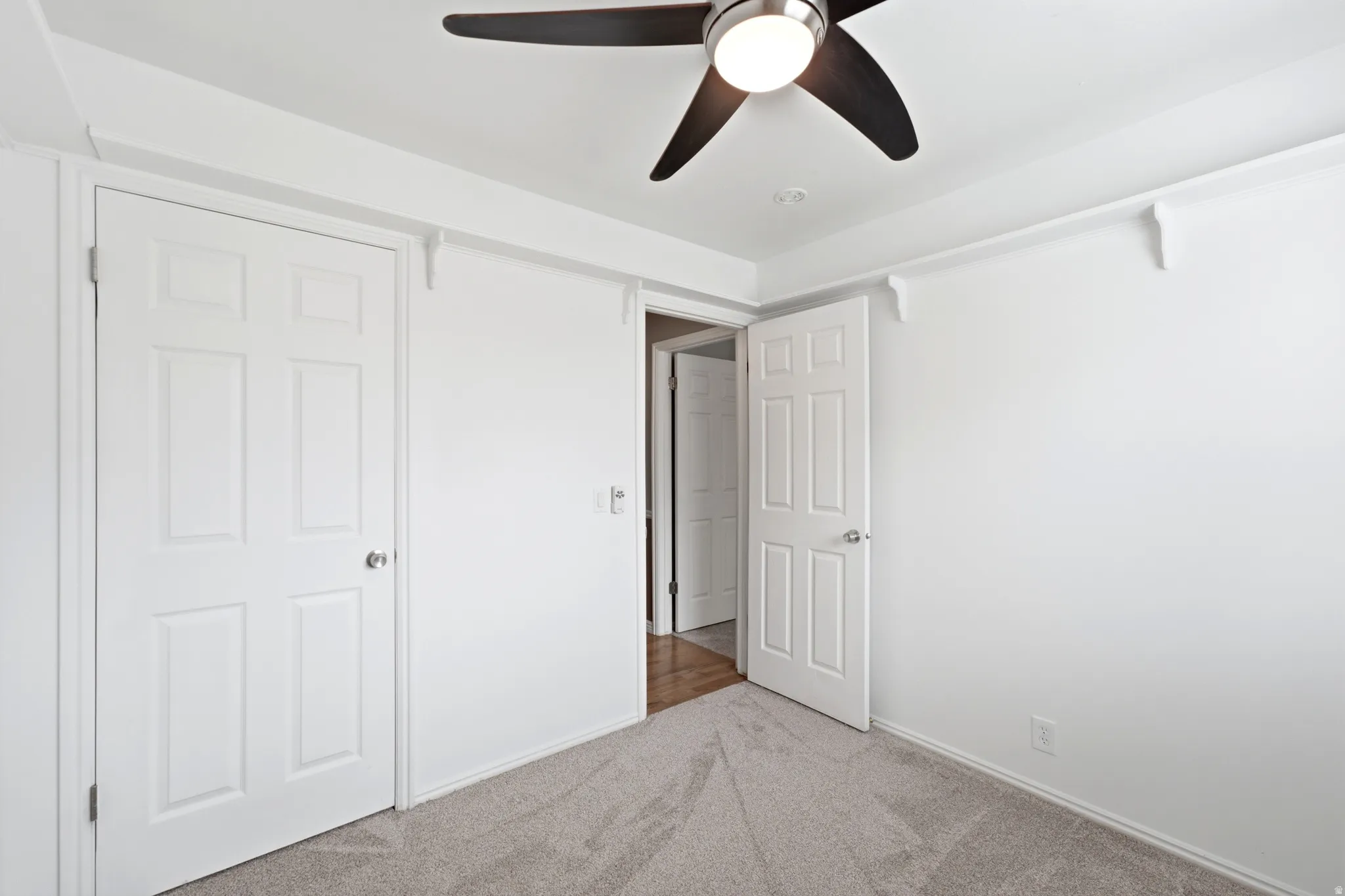 Neutral tone wall finishes, gray carpet flooring, ceiling fan with integrated lighting, recessed ceiling light, and white paneled doors