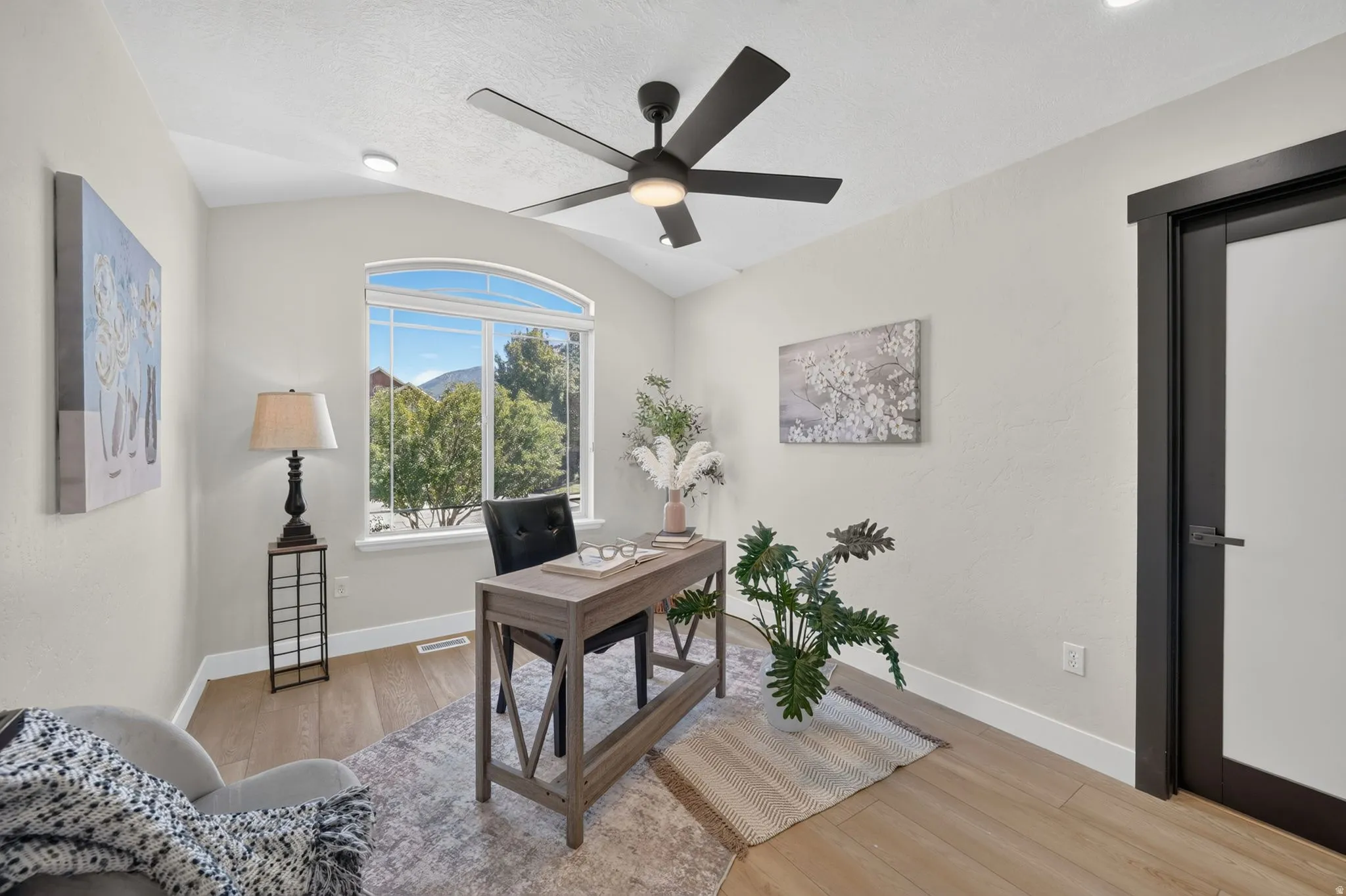 Vaulted ceiling with a matte black ceiling fan, arched window, wood-finish flooring, and a contemporary frosted-panel door with dark trim