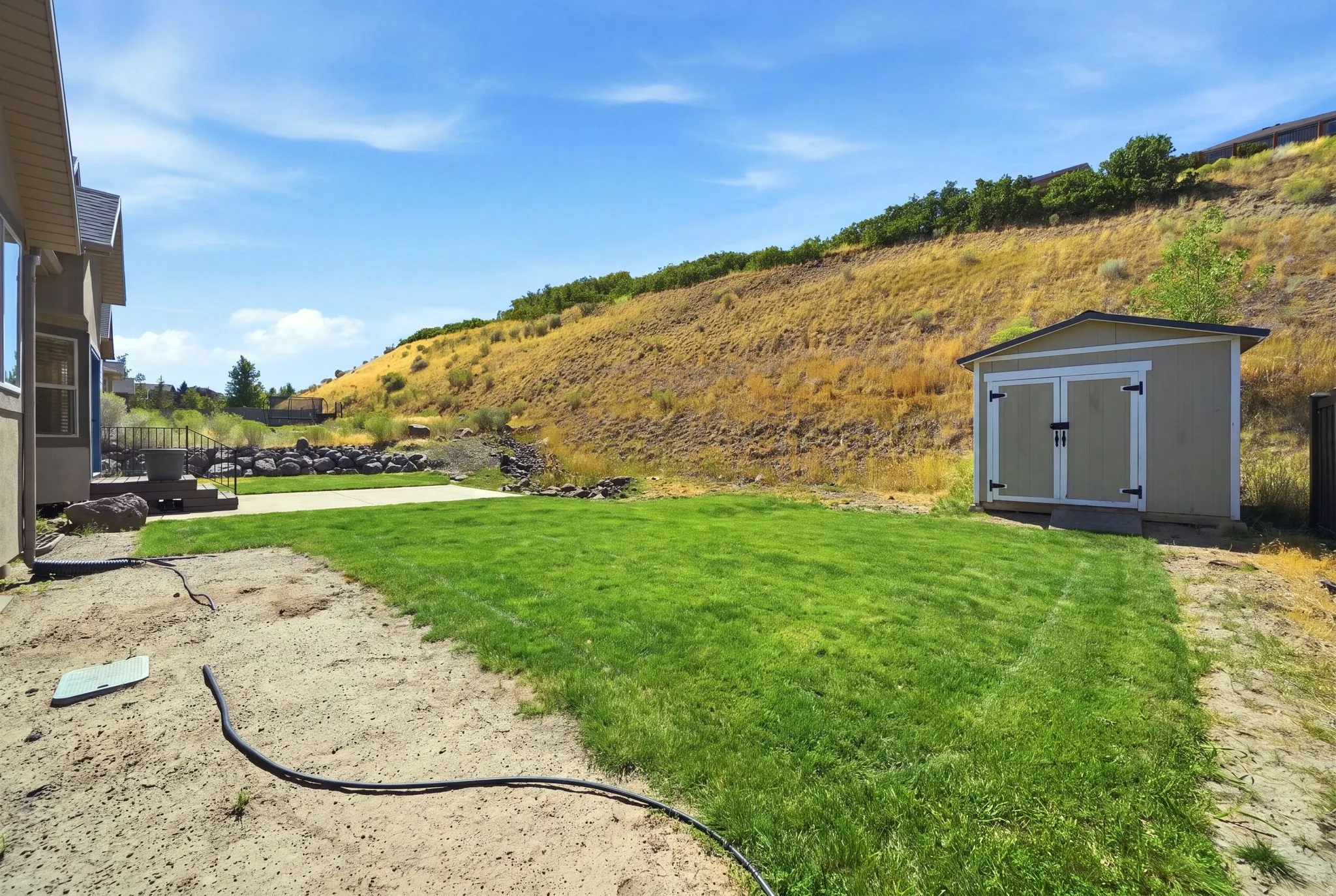 Expansive exterior with a manicured lawn, concrete patio, and storage shed